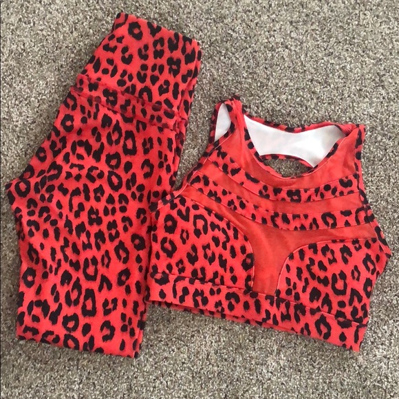 Red Cheetah Print Two Piece Workout Set - Picture 2 of 3